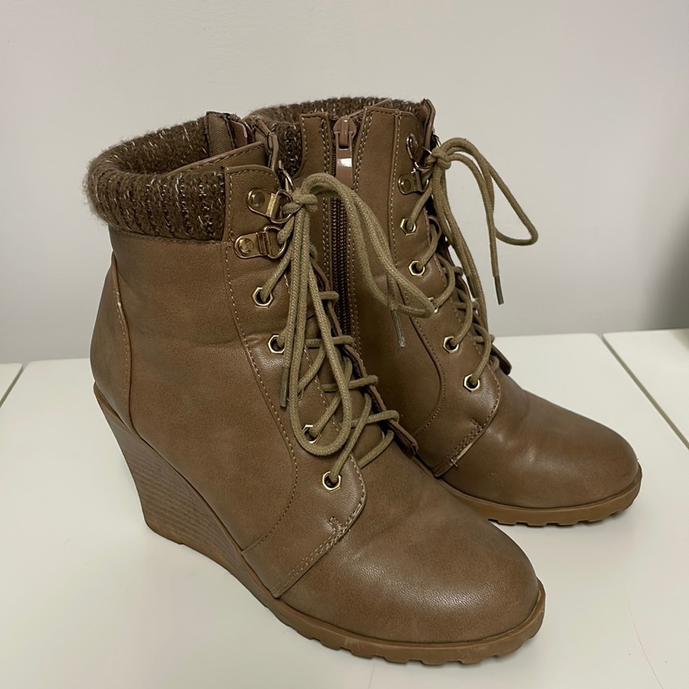 Top Moda Tan Wedge Lace Booties